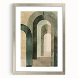 Abstract minimalist wall art framed in silver, featuring geometric shapes and soft color gradients, perfect for modern home decor and aesthetic enhancement.