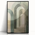 Framed acrylic abstract minimalist wall art with a sleek black border, showcasing fluid shapes and subtle color gradients, perfect for modern home decor enhancement.