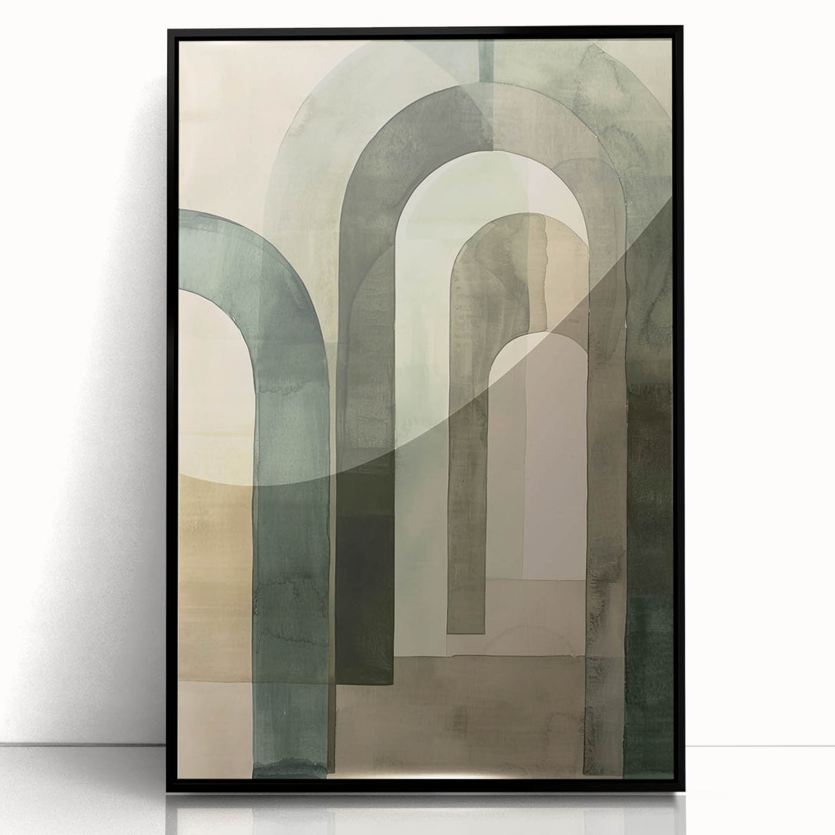 Framed acrylic abstract minimalist wall art with a sleek black border, showcasing fluid shapes and subtle color gradients, perfect for modern home decor enhancement.