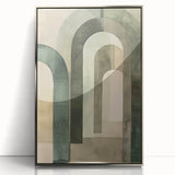 Framed abstract minimalist wall art in silver acrylic, showcasing geometric shapes and soft color gradients, perfect for modern home decor or office spaces.