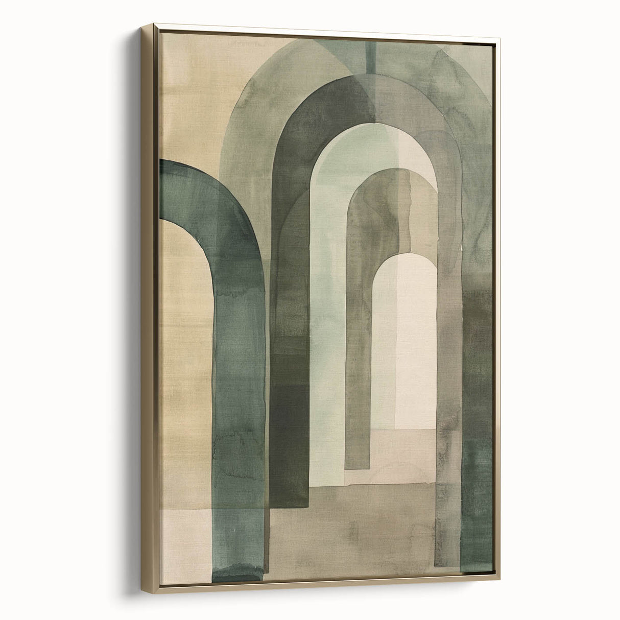 Framed abstract minimalist wall art featuring a gold color palette, displayed from the side to showcase its sleek design and modern aesthetic, ideal for contemporary home decor.