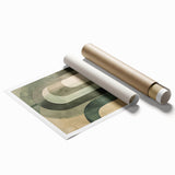 Abstract minimalist wall art print featuring soft pastel colors and geometric shapes, rolled and packaged securely in a sturdy cardboard tube for safe transport.