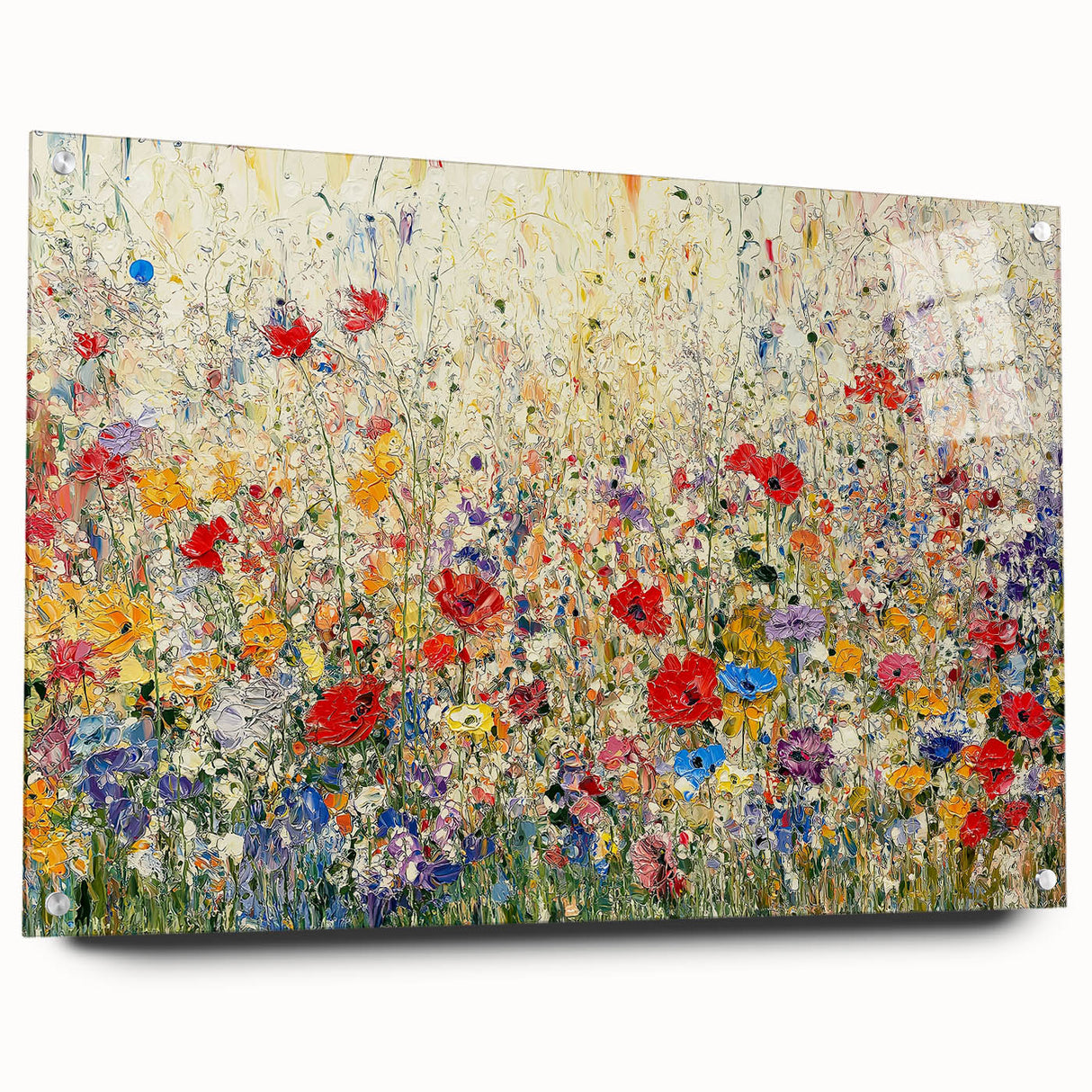 Abstract floral acrylic wall art displayed from the side, showcasing vibrant colors and intricate details, secured with sleek pins for an elegant finish.