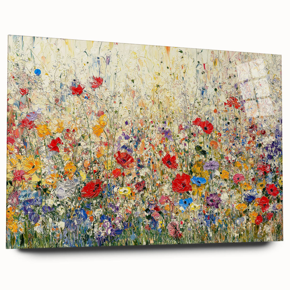 Abstract floral acrylic artwork displayed from a side view, showcasing vibrant colors and intricate details. Perfect for modern home decor and art enthusiasts.