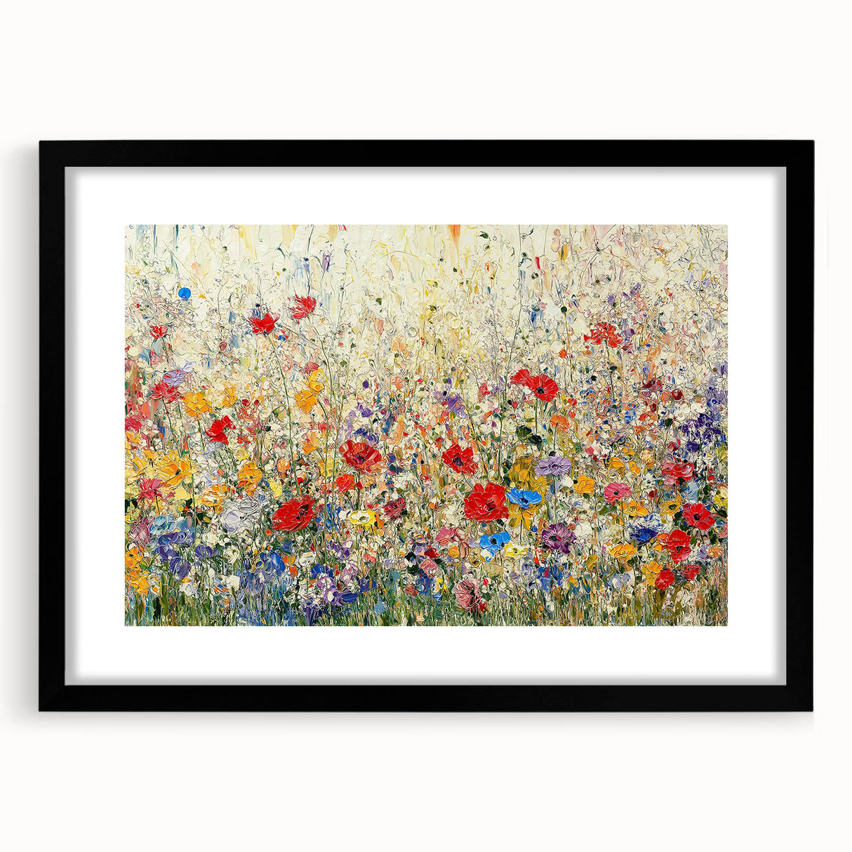 Abstract floral frame design in black with a mat, showcasing vibrant colors and intricate patterns, ideal for modern home decor or art display. The frame highlights the beauty of the artwork while enhancing any interior space.
