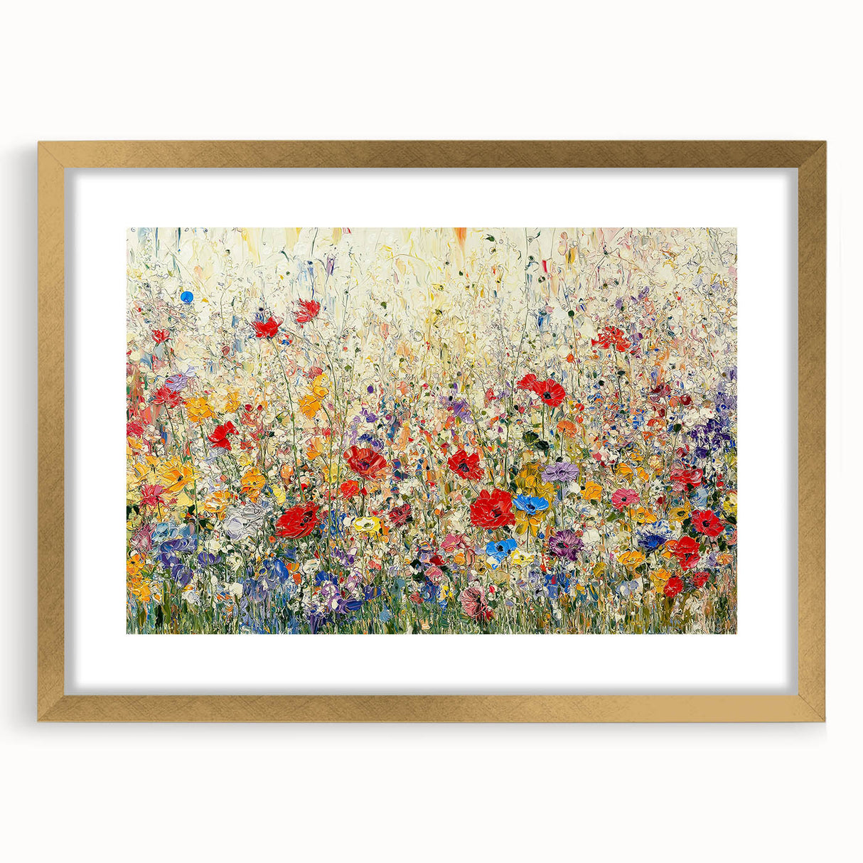 Elegant abstract floral frame with a gold mat, showcasing vibrant colors and intricate designs, perfect for modern home decor or art display.