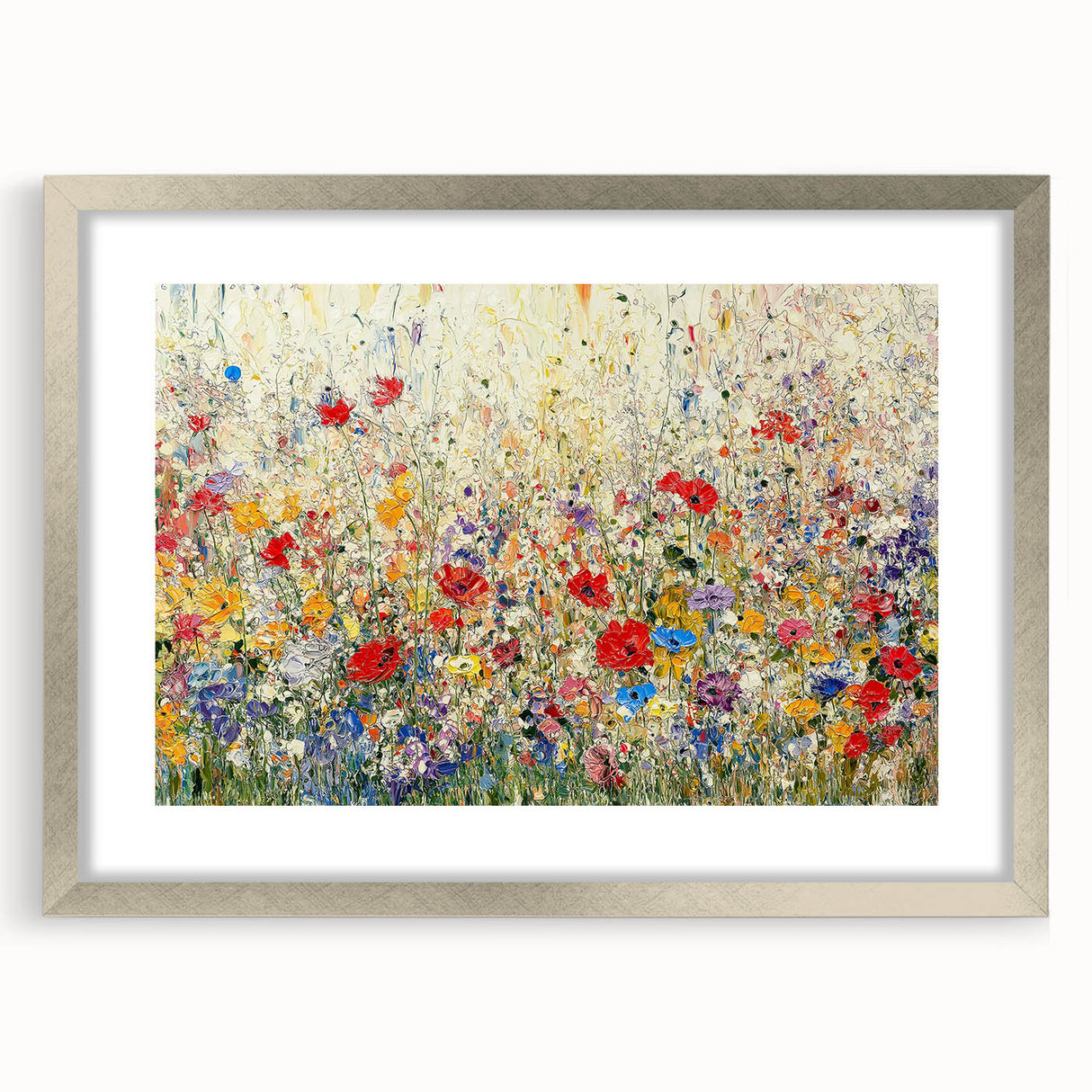 Abstract floral frame with a silver mat showcasing vibrant, colorful flowers against a textured background, ideal for enhancing modern home decor or gallery walls.