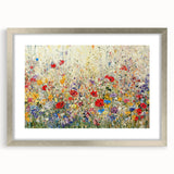 Abstract floral frame with a silver mat showcasing vibrant, colorful flowers against a textured background, ideal for enhancing modern home decor or gallery walls.