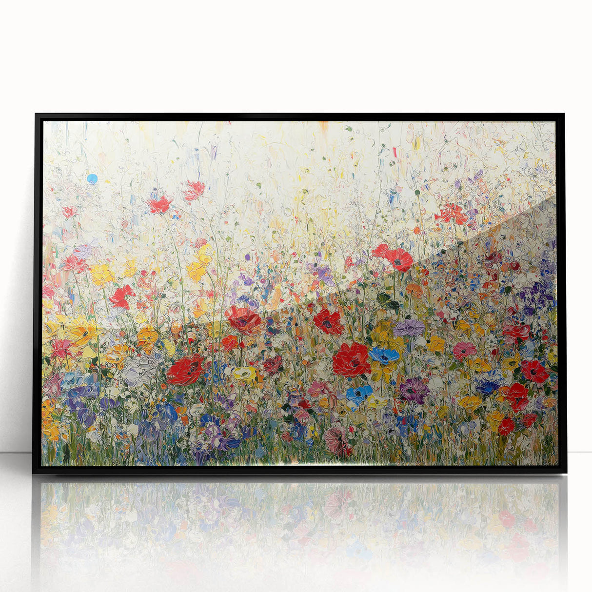 Framed acrylic artwork showcasing an abstract floral design with vibrant colors and intricate patterns, set against a sleek black frame, perfect for modern decor.
