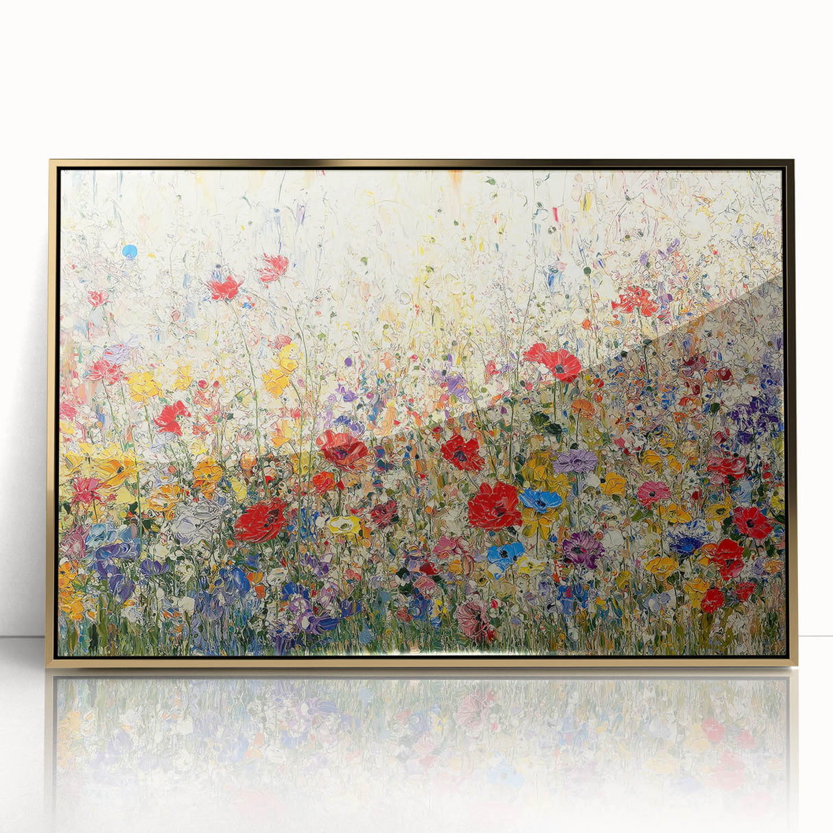 Framed acrylic artwork showcasing vibrant abstract florals in shades of pink, gold, and green, elegantly designed to enhance modern home decor.