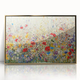 Framed acrylic artwork showcasing vibrant abstract florals in shades of pink, gold, and green, elegantly designed to enhance modern home decor.