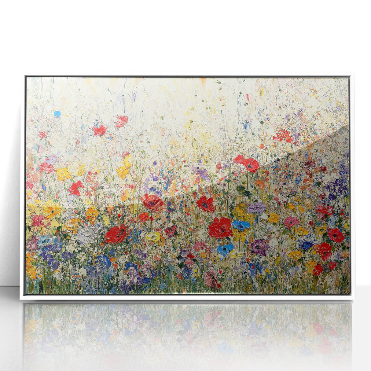 Framed acrylic artwork showcasing an abstract floral design in vibrant colors, elegantly presented against a white background, perfect for modern home decor.