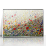Framed acrylic artwork showcasing an abstract floral design in vibrant colors, elegantly presented against a white background, perfect for modern home decor.