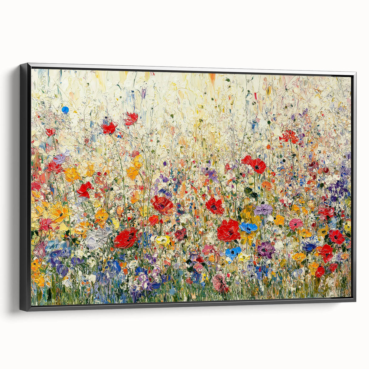 Framed canvas art displaying abstract floral designs with vibrant colors, showcased from a black side view, perfect for modern home decor.