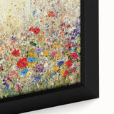 Close-up of a framed canvas featuring vibrant abstract floral designs in bold colors, perfect for modern home decor and artistic wall accents.