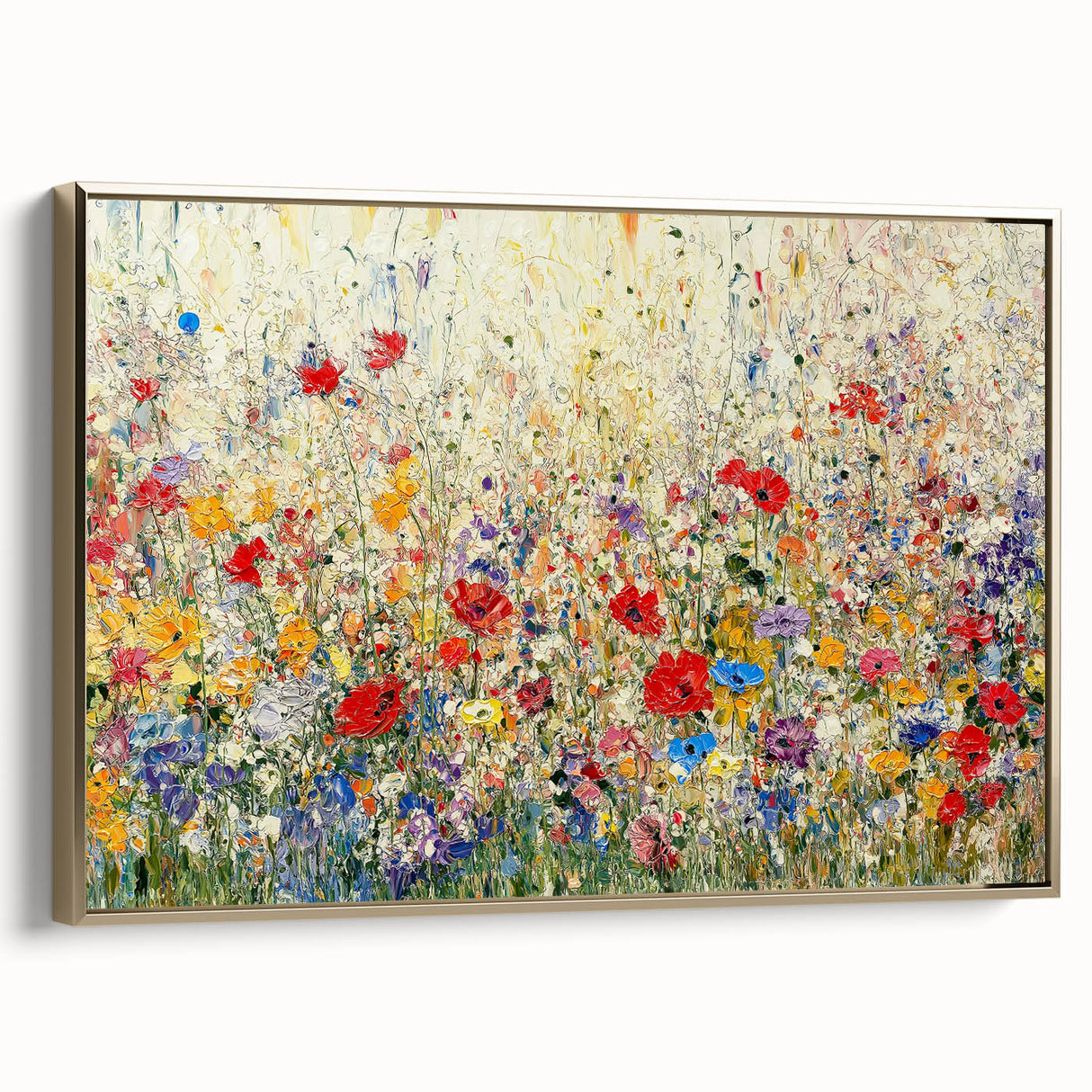 Framed canvas artwork showcasing abstract floral designs in vibrant hues of pink, blue, and gold, set against a sleek gold frame. Ideal for modern home decor.