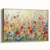 Framed canvas artwork showcasing abstract floral designs in vibrant hues of pink, blue, and gold, set against a sleek gold frame. Ideal for modern home decor.