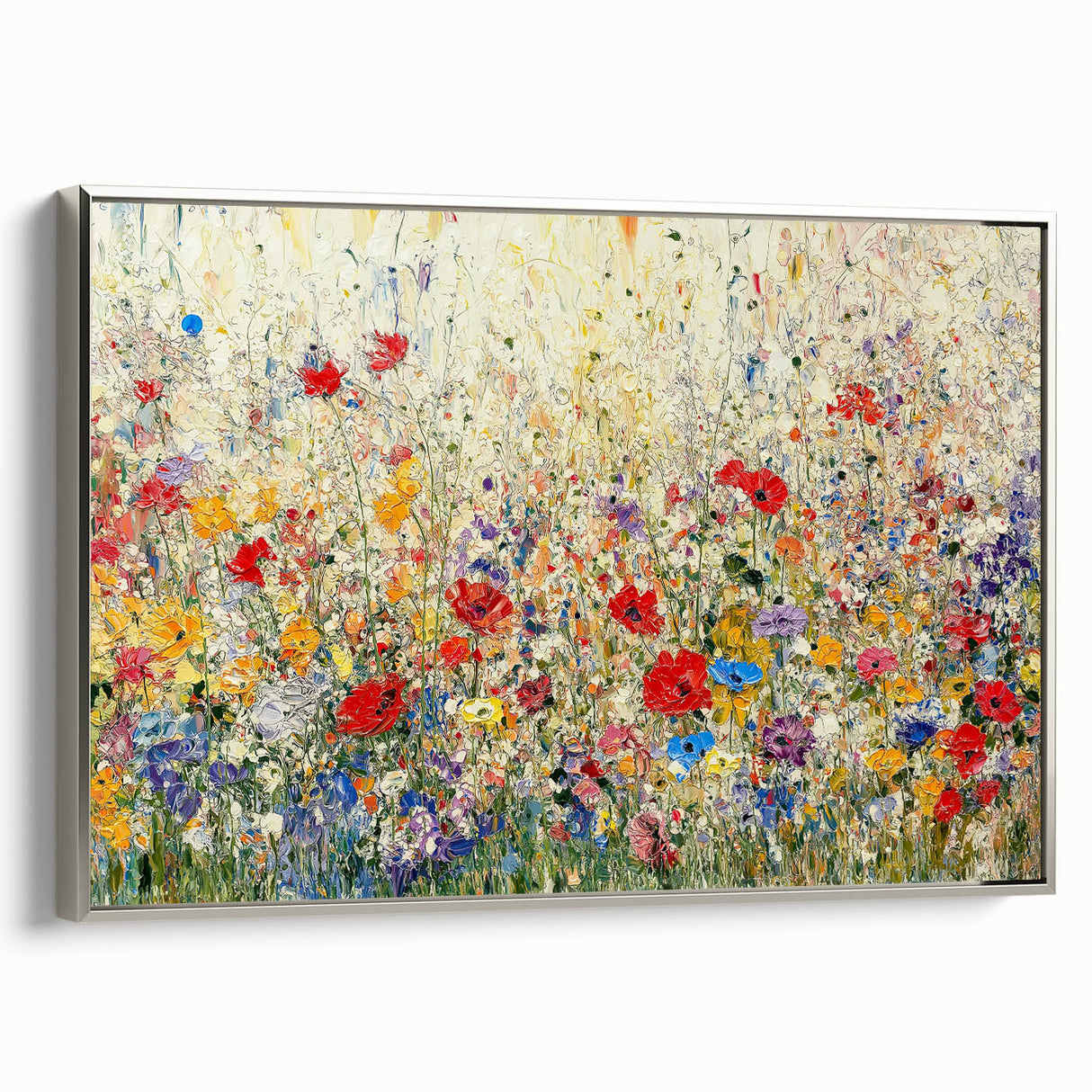 Framed canvas artwork showcasing abstract floral designs in vibrant colors, set against a sleek silver frame, perfect for modern home décor.