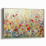 Framed canvas artwork showcasing abstract floral designs in vibrant colors, set against a sleek silver frame, perfect for modern home décor.