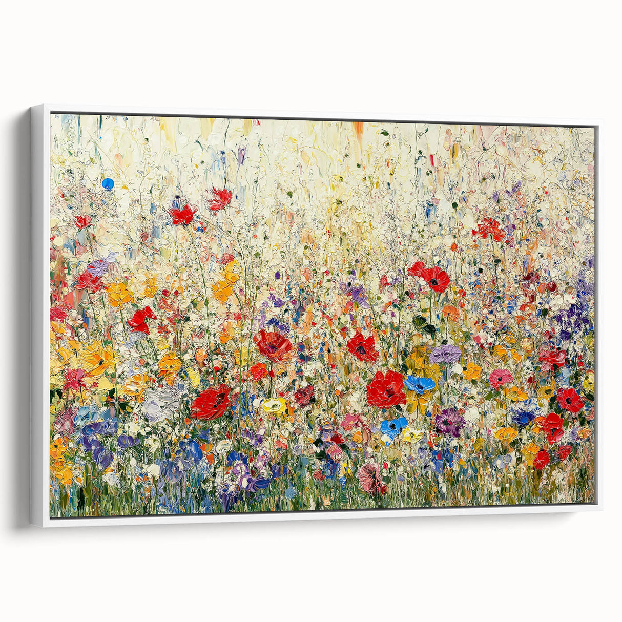 Framed canvas artwork showcasing abstract floral designs in vibrant colors, set against a white background, ideal for modern home decor and stylish interiors.