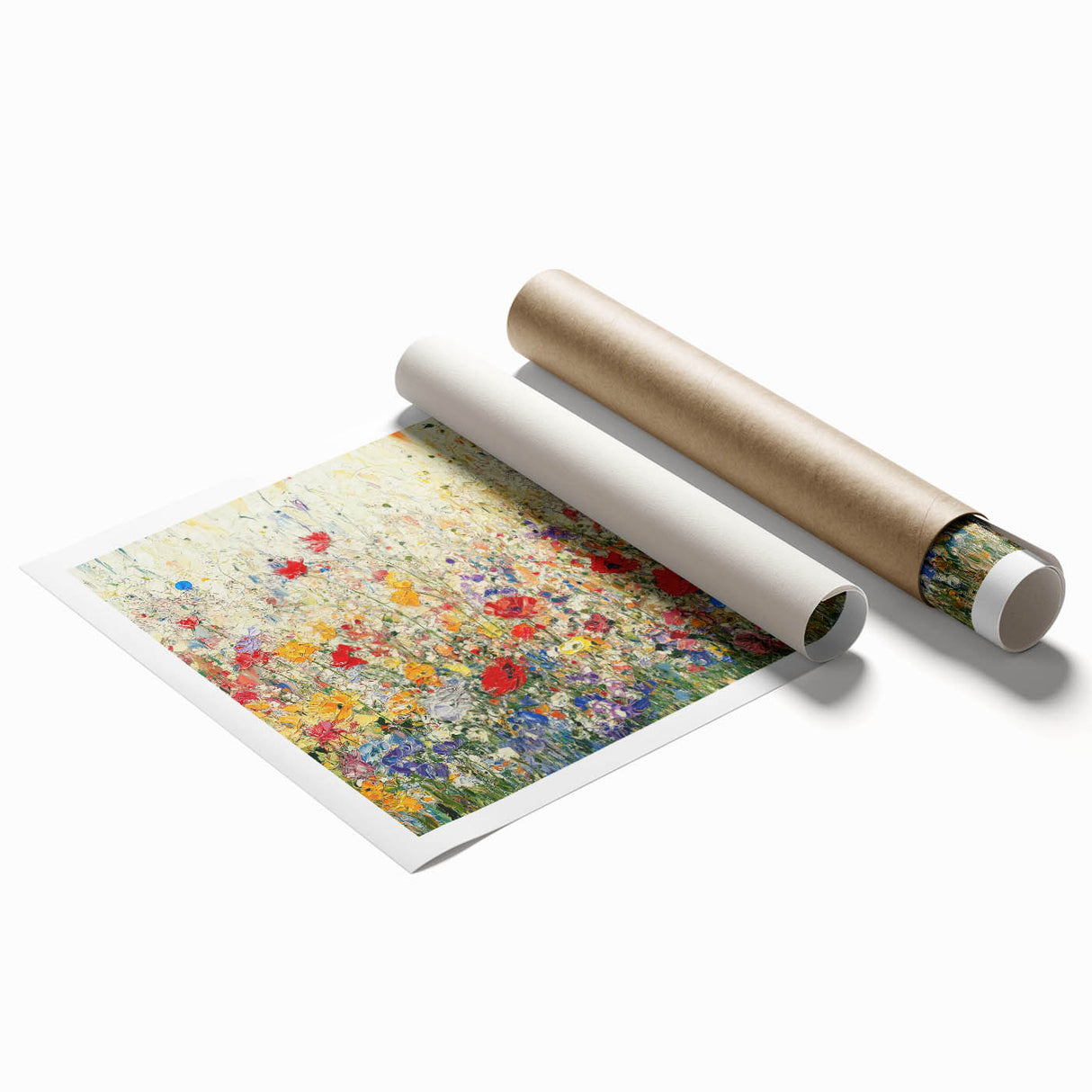 Abstract floral rolled print design featuring vibrant colors and intricate patterns, elegantly packaged in a protective cardboard tube for easy display.