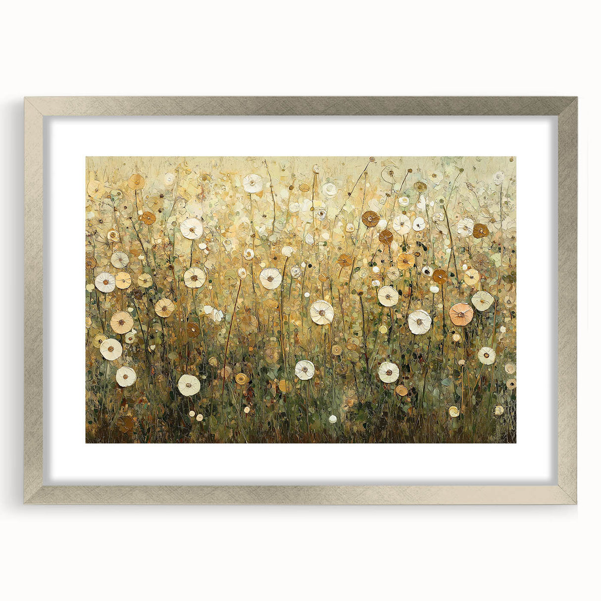 Abstract floral design framed in silver with a mat, showcasing vibrant colors and intricate patterns, ideal for contemporary home decor. Perfect for enhancing any living space with a touch of elegance and artistry.