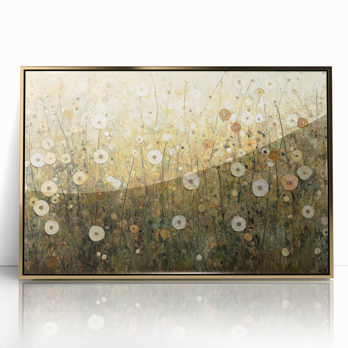 Framed acrylic artwork featuring an abstract floral design in vibrant colors, set against a sleek gold frame, ideal for modern home decor and wall styling.