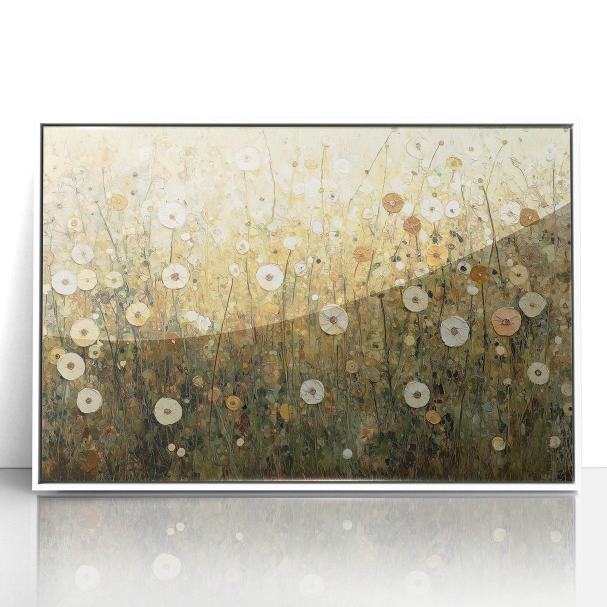 Framed acrylic artwork featuring vibrant abstract floral designs in shades of pink, green, and gold, set against a sleek white background for a modern touch. Perfect for enhancing home decor with a touch of elegance and color.
