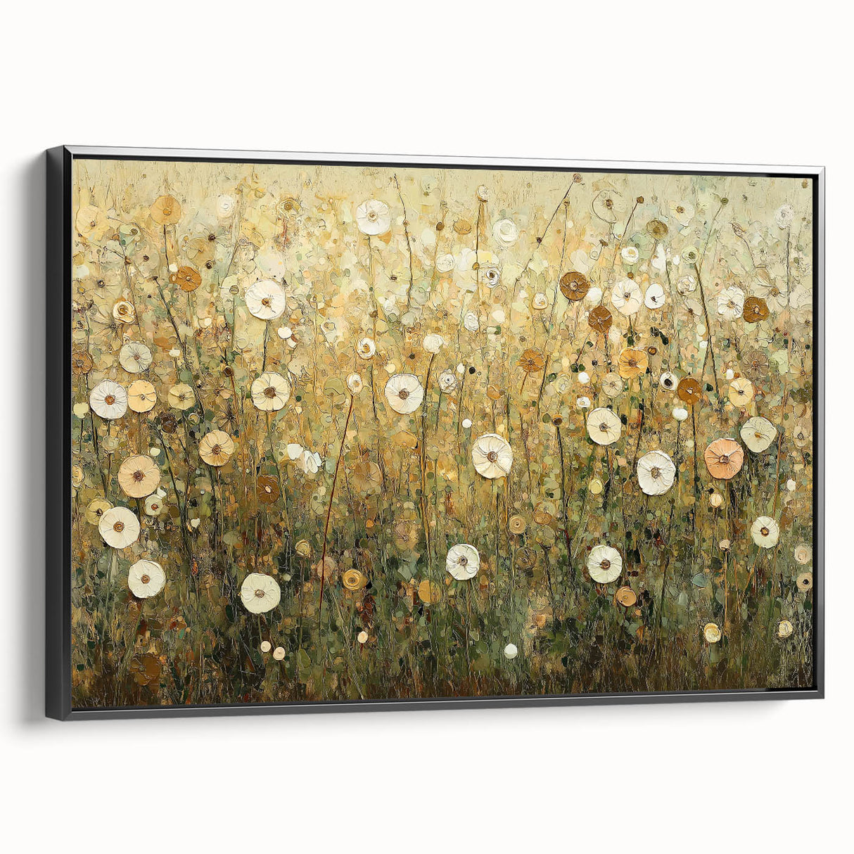 Framed canvas artwork showcasing an abstract floral design with vibrant colors and intricate details, presented in a sleek black frame, perfect for modern decor.