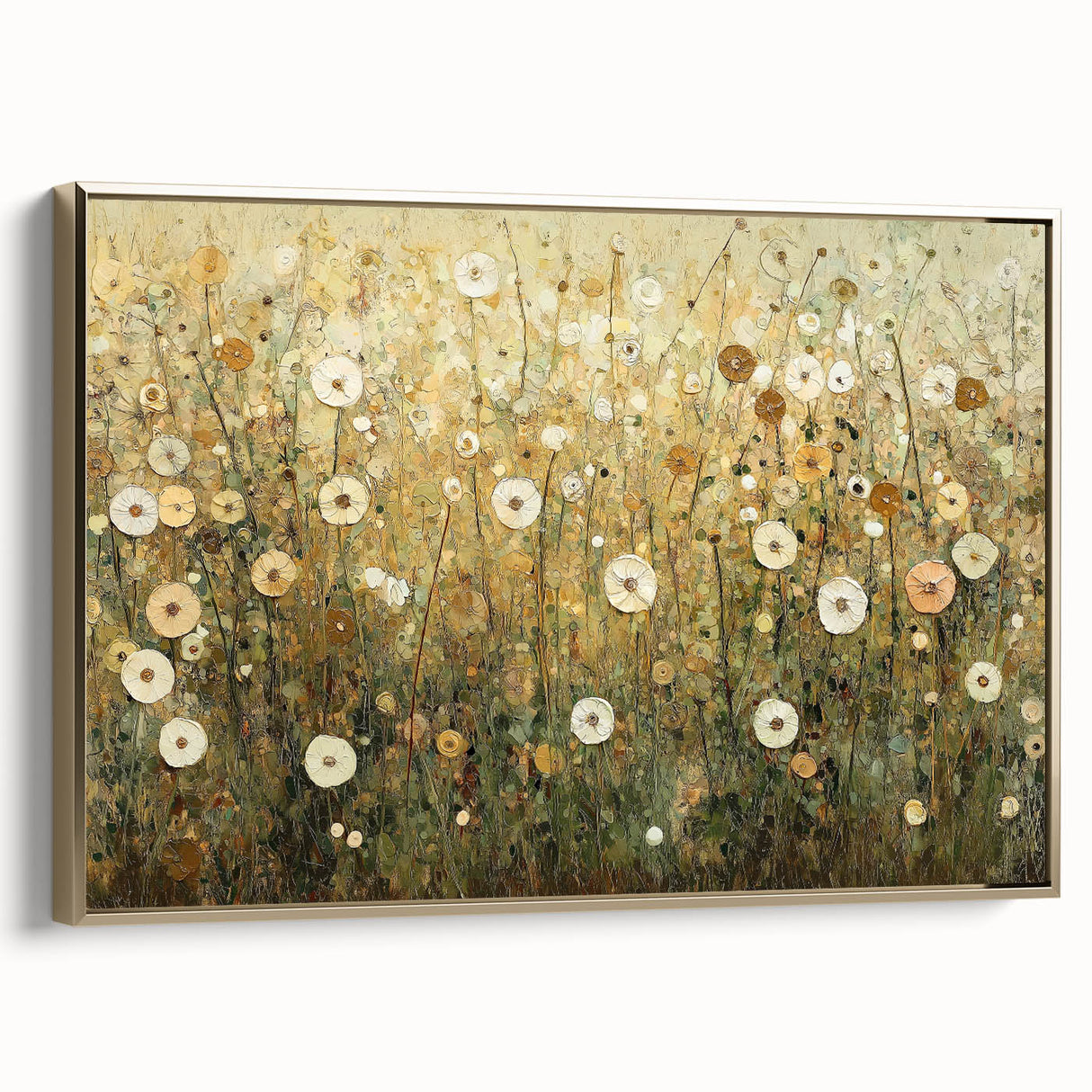 Framed canvas artwork showcasing an abstract floral design in vibrant colors, featuring gold accents. The side view highlights the elegant frame, ideal for enhancing modern home decor.
