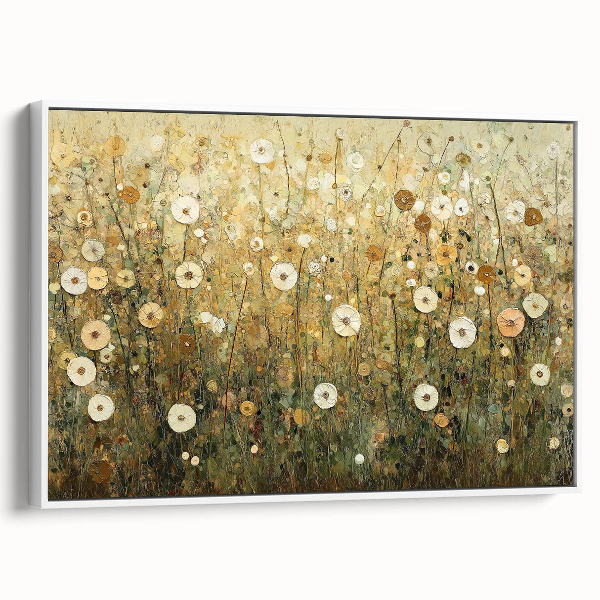 Framed canvas artwork showcasing an abstract floral design in vibrant colors, set against a white background. The side view highlights the sleek frame and modern aesthetic, perfect for contemporary home decor.