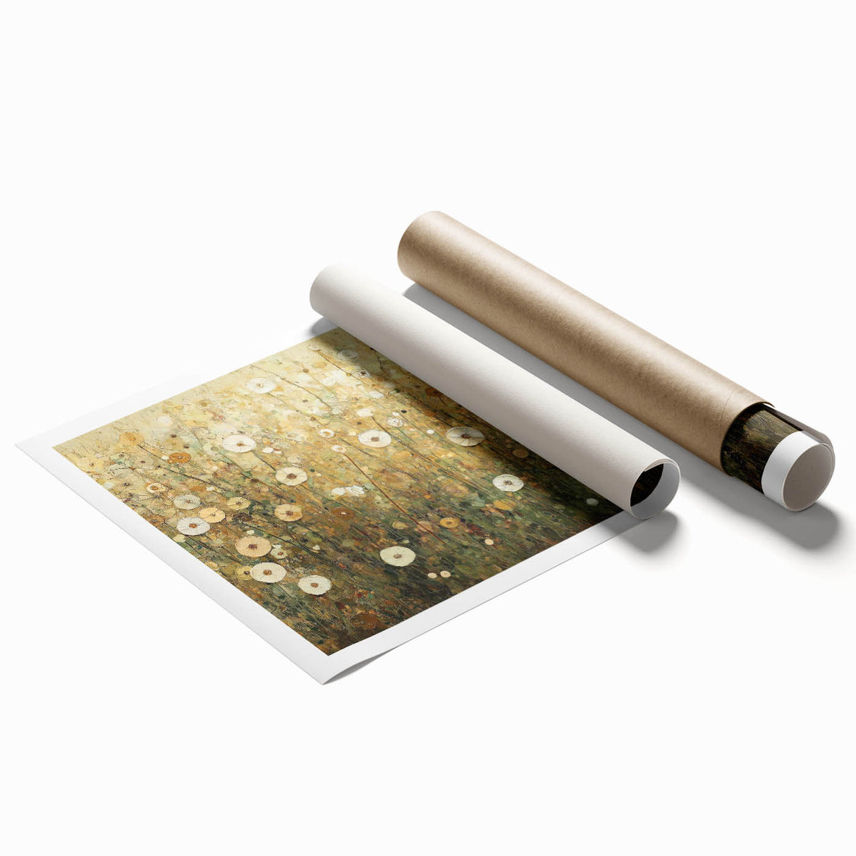 Abstract floral design printed on rolled canvas, showcasing vibrant colors and intricate details, ideal for modern home decor. Packaged securely in a durable cardboard tube.