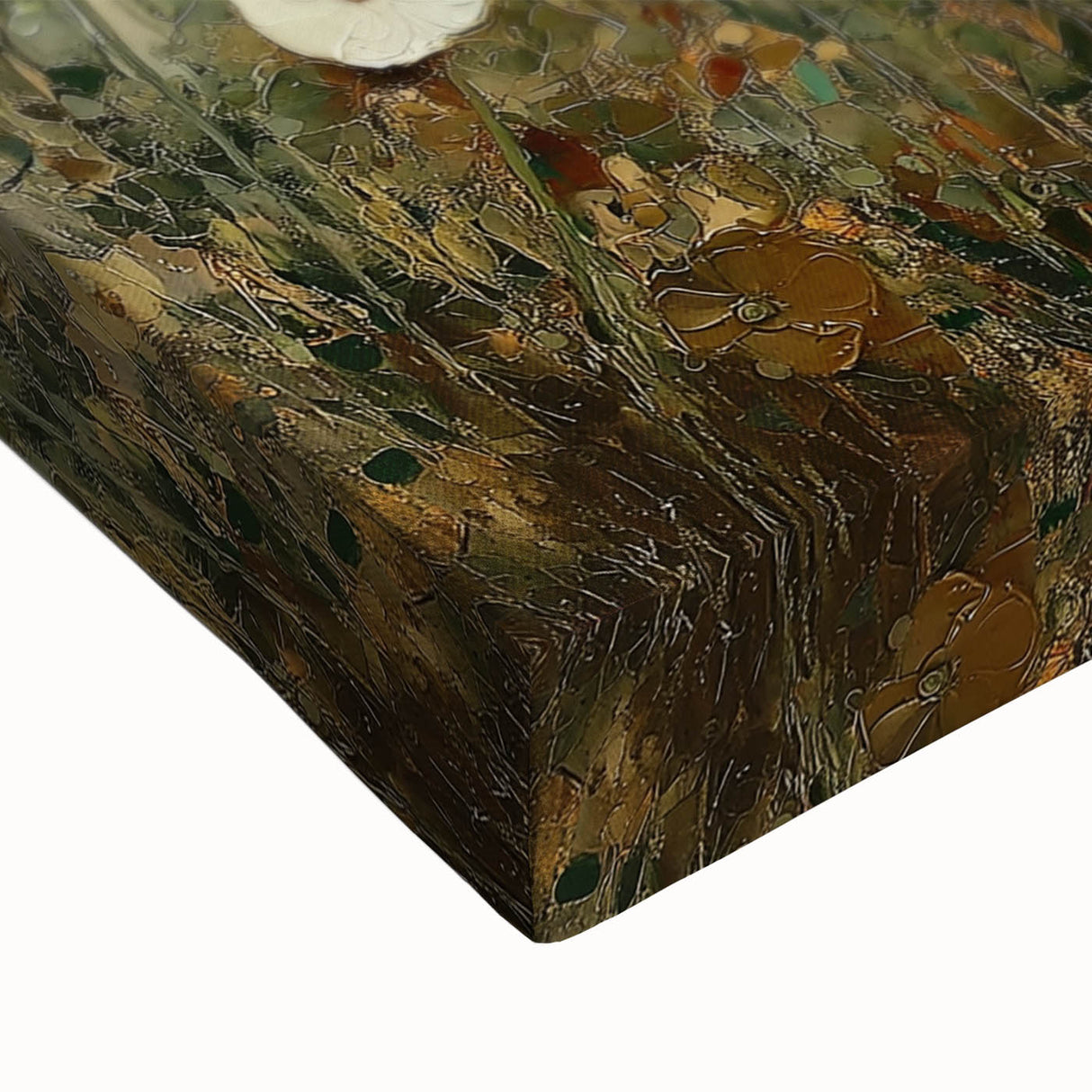Close-up of an abstract floral stretched canvas artwork showcasing vibrant colors and intricate details, perfect for modern home decor or art enthusiasts. The design features bold brush strokes and a dynamic composition that enhances any interior space.