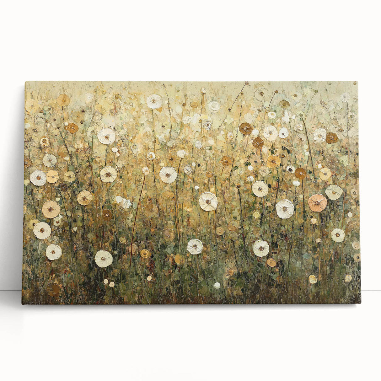 Abstract floral canvas art featuring vibrant colors, intricate patterns, and a stretched design, leaning against a textured wall, perfect for modern home decor.