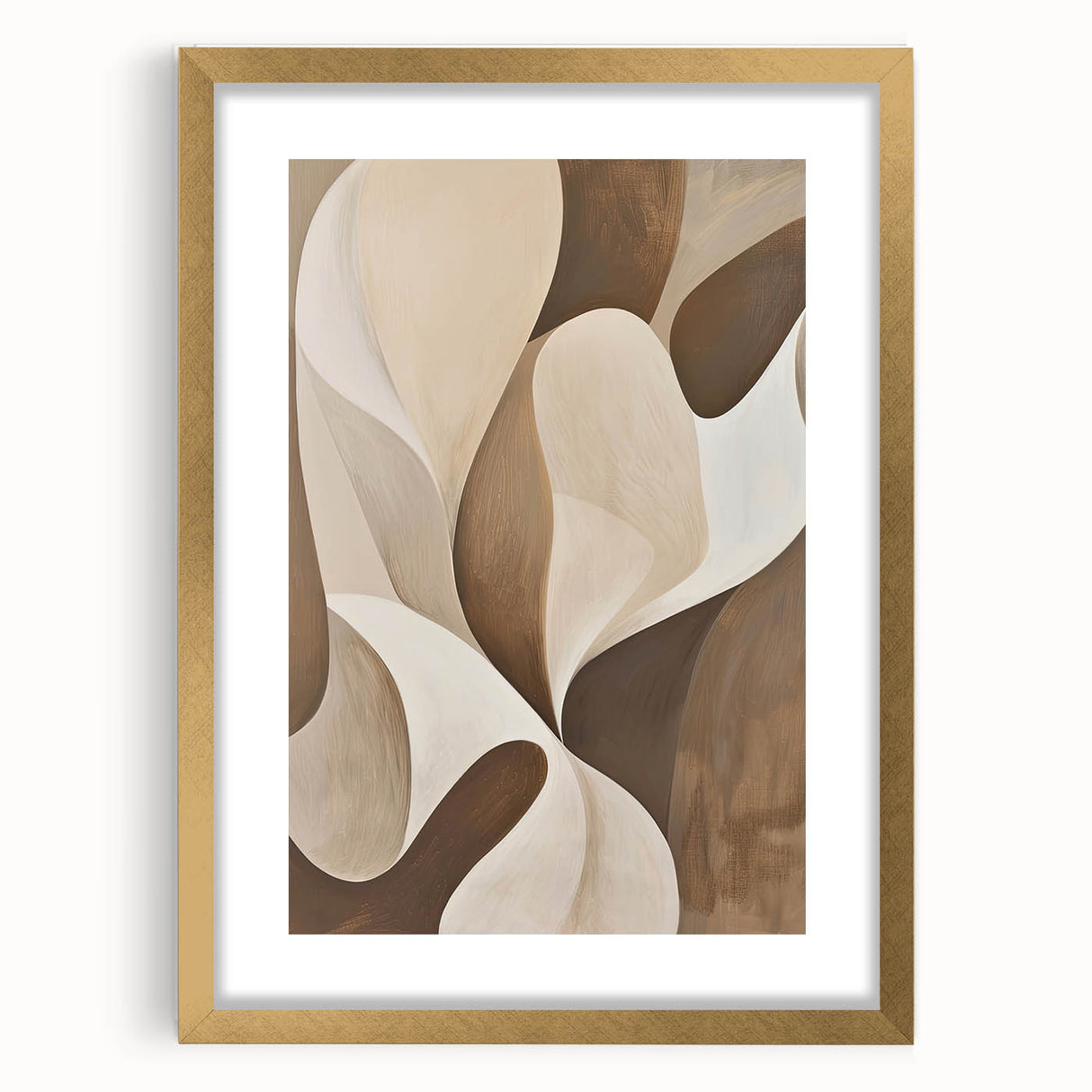 Abstract minimalist wall art framed in gold with a white mat, showcasing geometric shapes and soft color gradients, perfect for modern home decor.