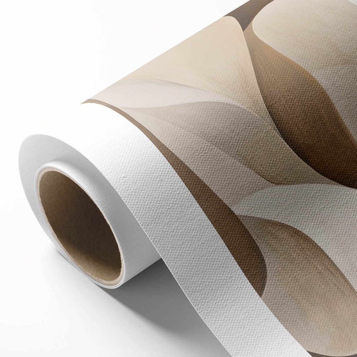 Abstract minimalist wall art on rolled canvas, showcasing soft pastel colors and geometric shapes, elegantly packaged in a protective cardboard tube for shipping.