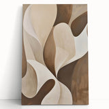 Abstract minimalist wall art on stretched canvas, showcasing soft pastel colors and geometric shapes, leaning against a white wall, perfect for modern decor.