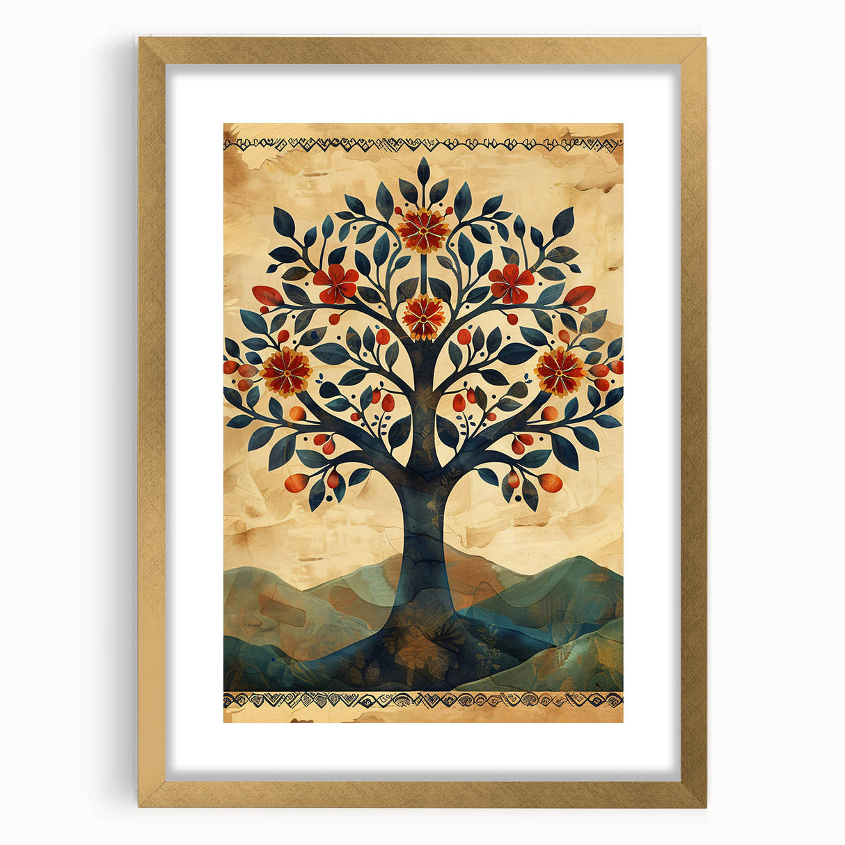 Folk Art Tree Living Room Wall Art - Vintage Botanical Canvas