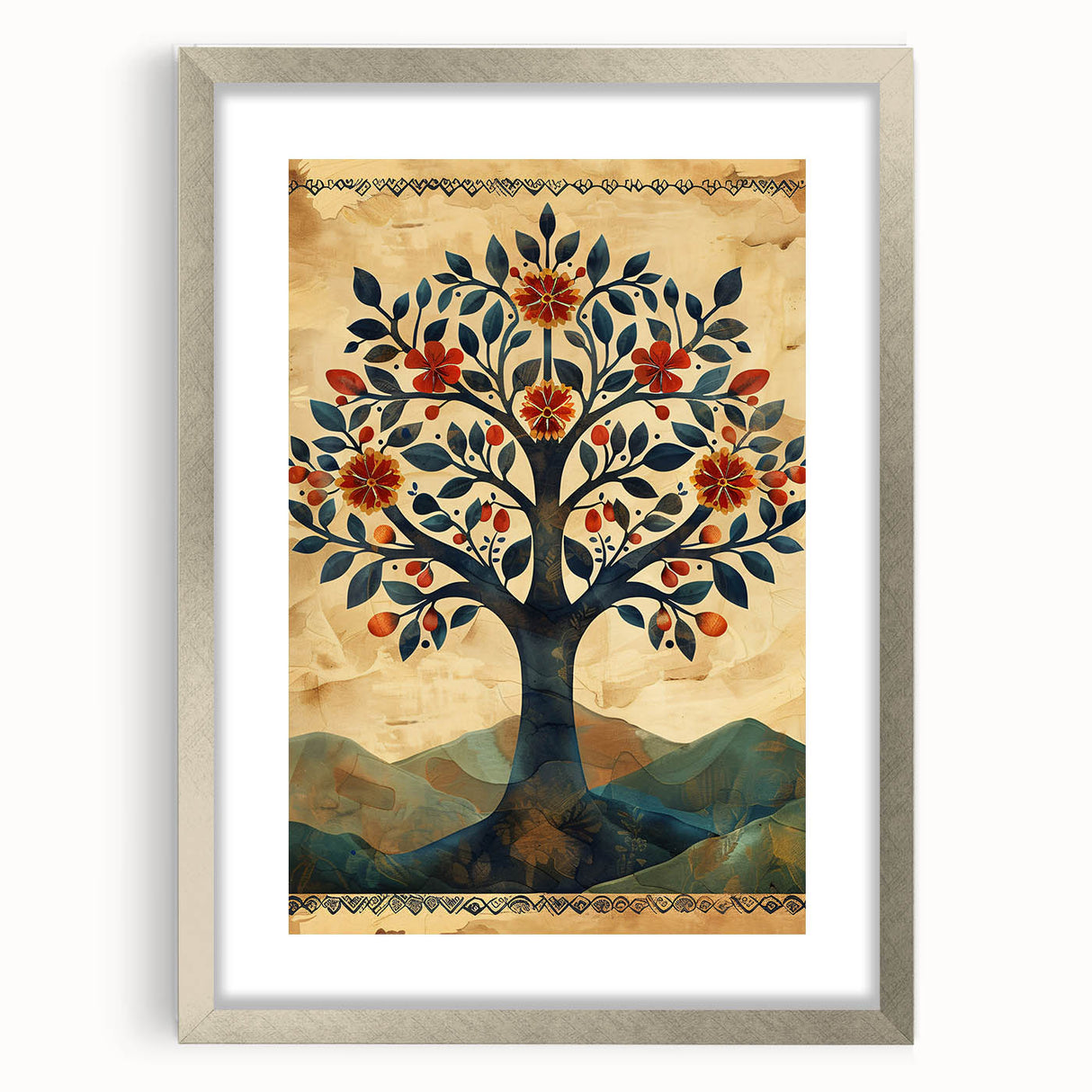 Folk Art Tree Living Room Wall Art - Vintage Botanical Canvas