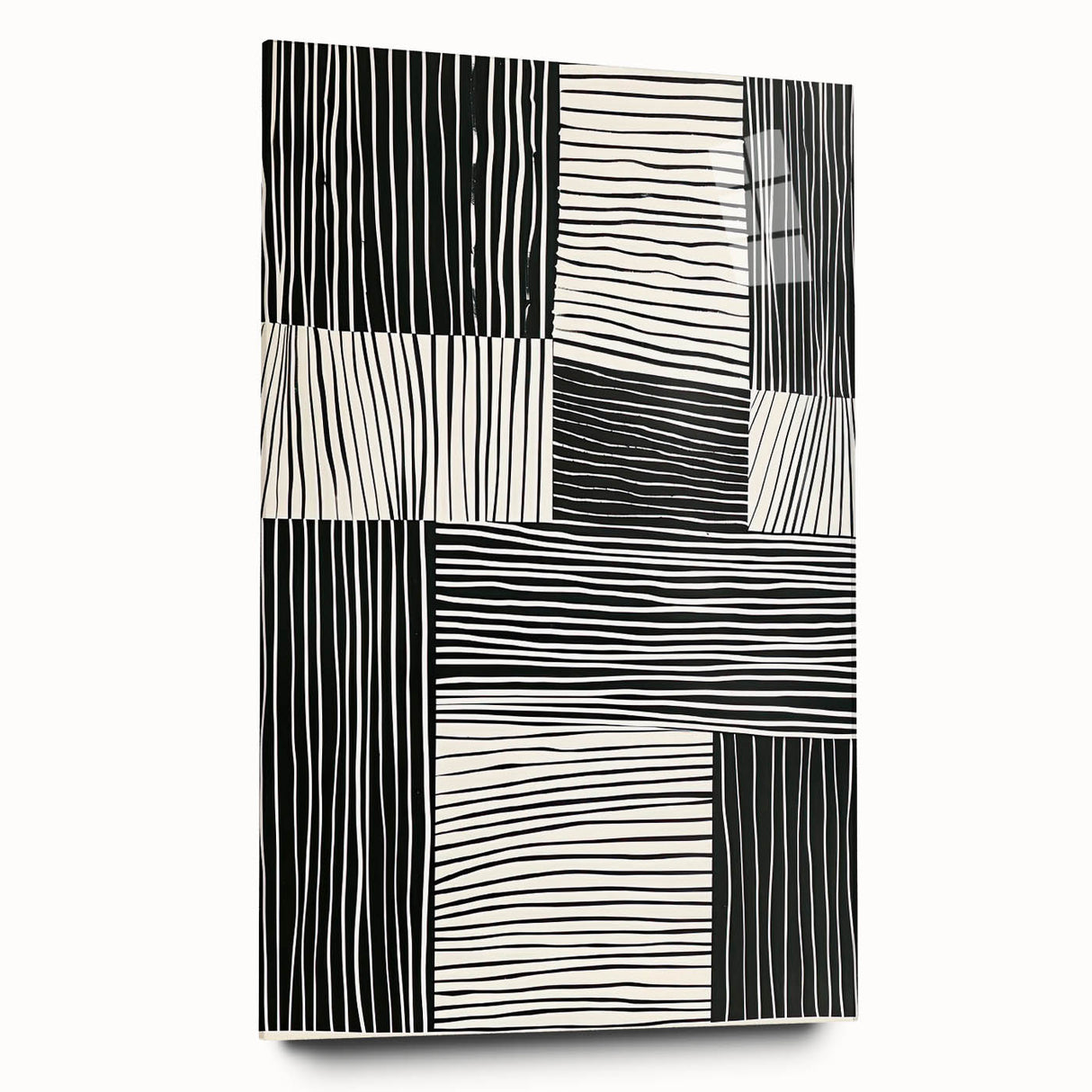 Abstract minimalist wall art design displayed in a sleek acrylic glass frame, showcasing soft hues of blue and green with smooth lines and an elegant side view, perfect for modern decor.