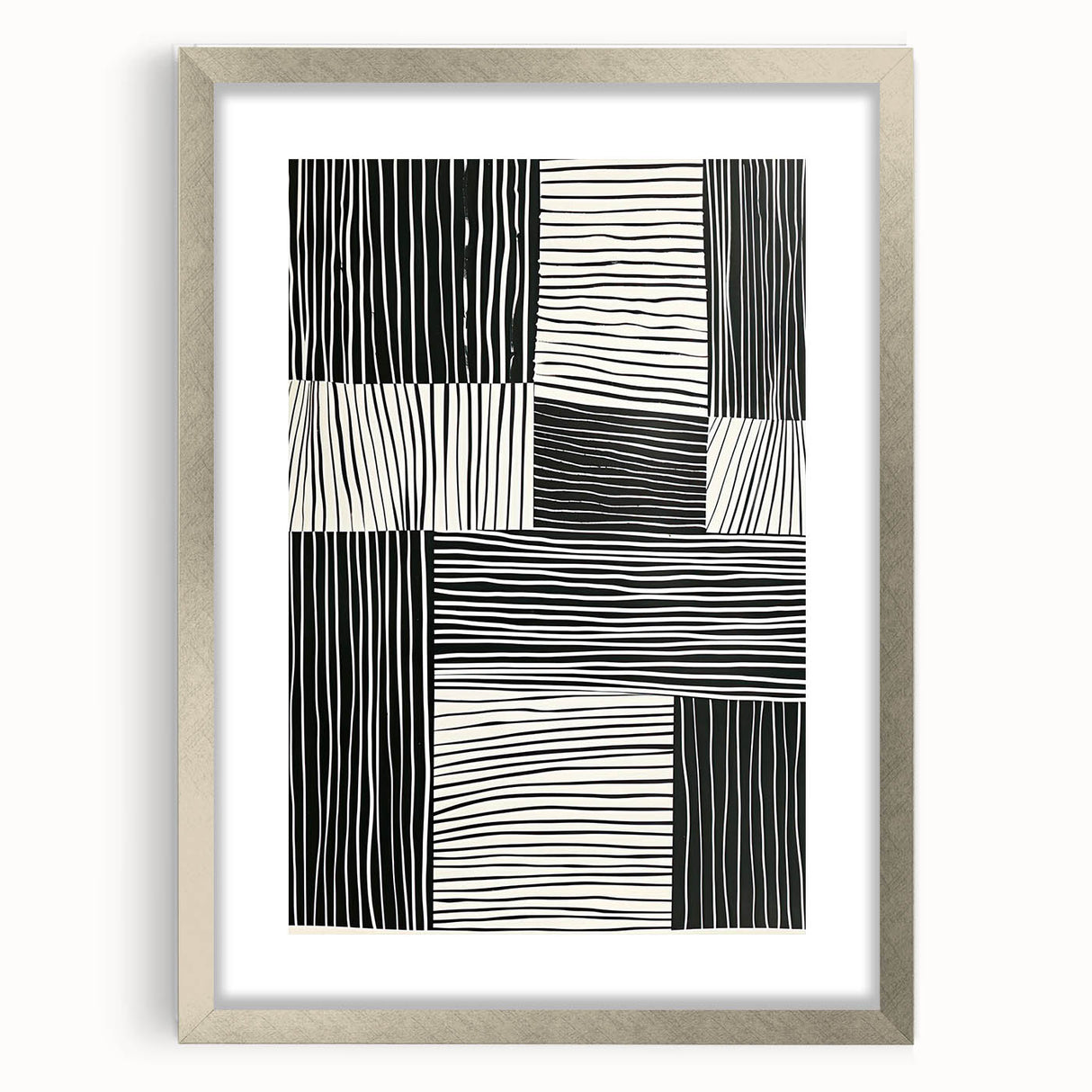 Abstract minimalist wall art in a sleek silver frame with a white mat, showcasing geometric shapes and soft color gradients, perfect for modern decor.