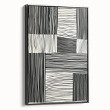 Framed minimalist abstract wall art in a sleek black frame, showcasing a modern design with geometric shapes and soft color gradients, ideal for contemporary home decor.