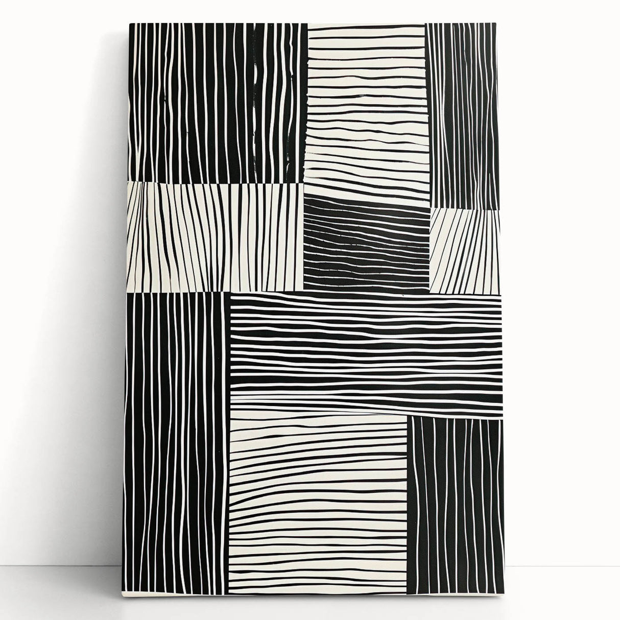 Abstract minimalist wall art on stretched canvas featuring soft pastel colors and geometric shapes, elegantly leaning against a neutral wall, perfect for modern decor.
