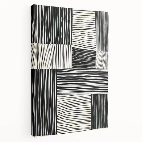 Abstract minimalist wall art canvas featuring vibrant geometric shapes in shades of blue and orange, elegantly stretched for display, showcasing a modern artistic flair.