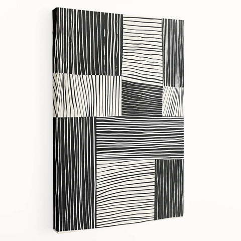 Abstract minimalist wall art canvas featuring vibrant geometric shapes in shades of blue and orange, elegantly stretched for display, showcasing a modern artistic flair.