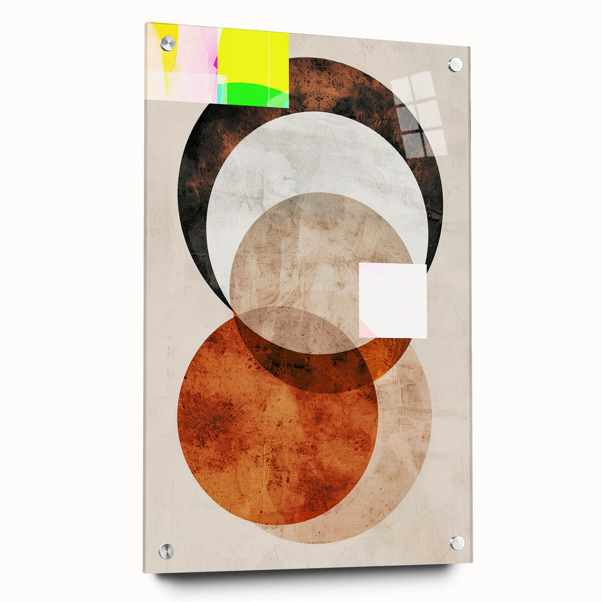 Abstract minimalist wall art design displayed in a side view, featuring acrylic glass framing and decorative pins, showcasing soft neutral tones and geometric patterns. Perfect for modern decor.