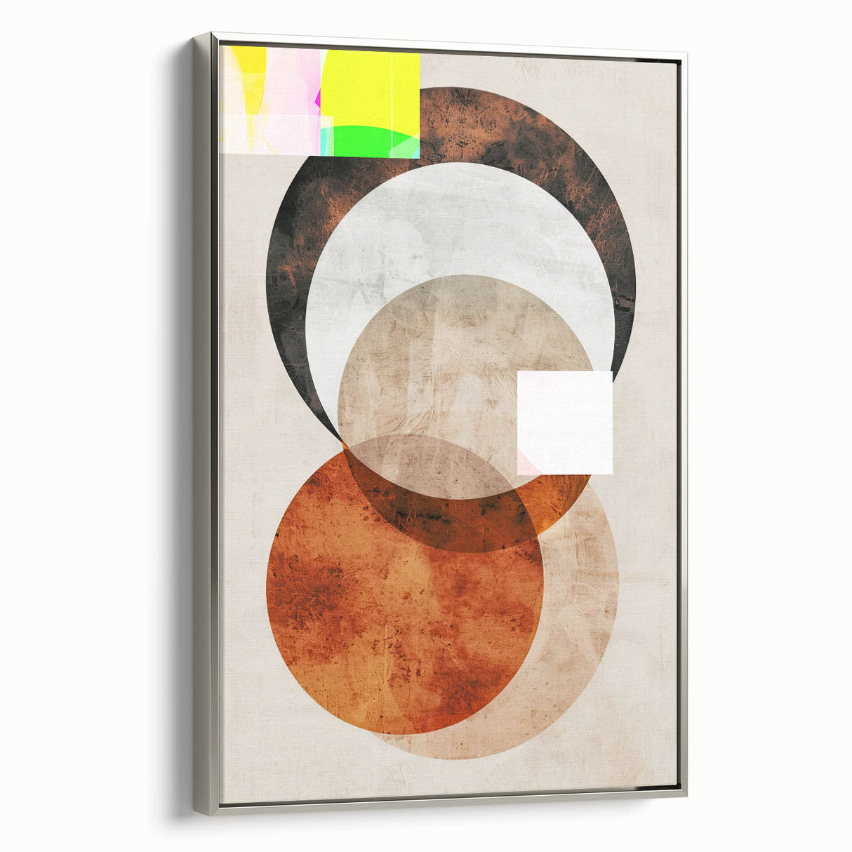 Framed abstract minimalist wall art in silver, showcasing elegant geometric patterns on a canvas, enhancing modern interior decor with a sleek side view.
