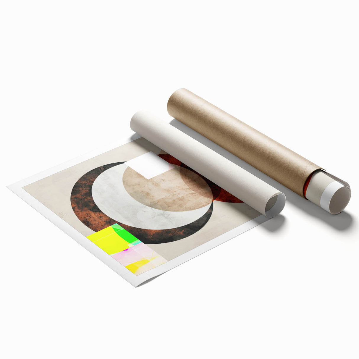 Abstract minimalist wall art print featuring soft pastel colors and geometric shapes, elegantly rolled and packaged for easy display and protection. Ideal for modern home decor.