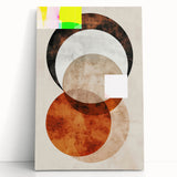 Abstract minimalist wall art displayed on a stretched canvas, featuring soft earth tones and geometric shapes, leaning against a neutral wall, ideal for modern home decor.