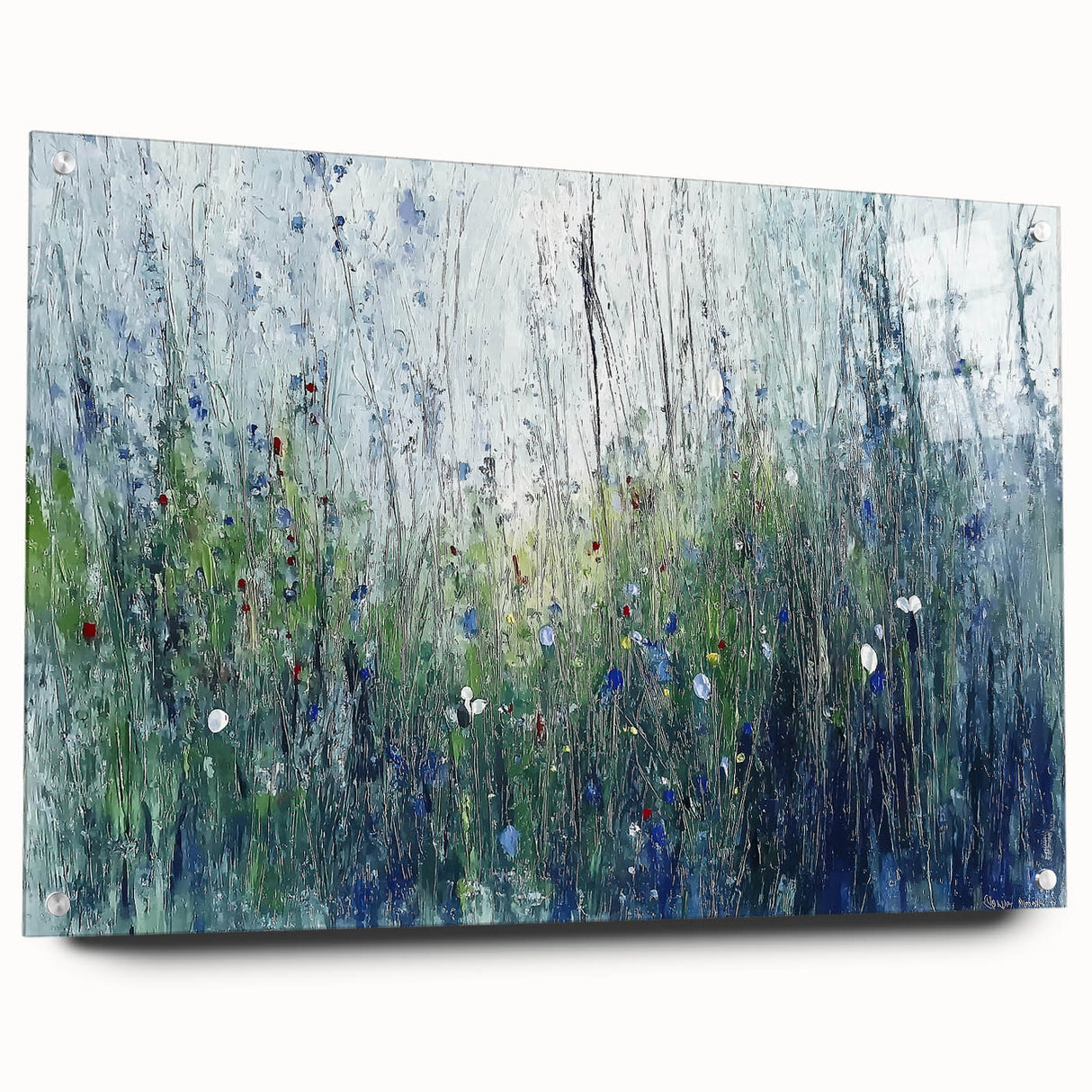 Abstract floral acrylic artwork displayed from a side view, showcasing vibrant colors and intricate details, secured with decorative pins on a glass frame.